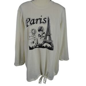 Kate Park Women's Large Ivory Blouse Blingy Paris Long Sleeves Drawstring Hem
